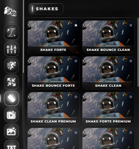 Tela de presets Shakes do GalakFXPanel